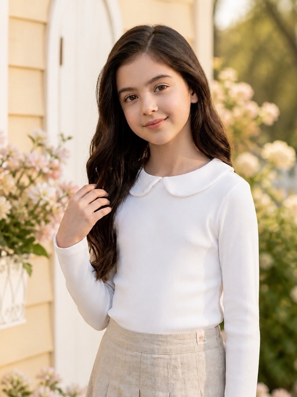Sweethoney Girls' White Peter Pan Collar Long-Sleeve Top Size 8Y EUC